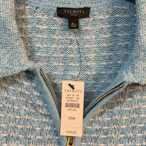 Talbots Petite Blue White Tweed Knit Front Zip Jacket Collard Cardigan Style NWT - Picture 2 of 12